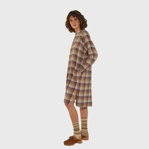 moismont robe ninon 709 brushed plaid with violet accent wear wtih boots or clogs belted or loose