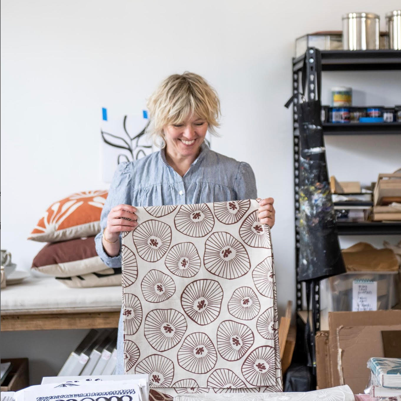 lotta jansdotter in her studio screenprinted fabrics