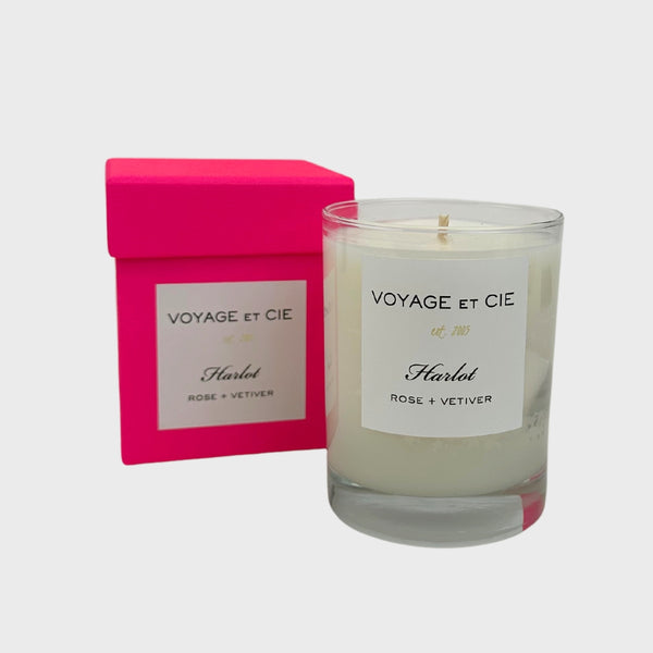 voyage et cie Harlot candle rose + vetiver hot pink box for breast cancer awareness