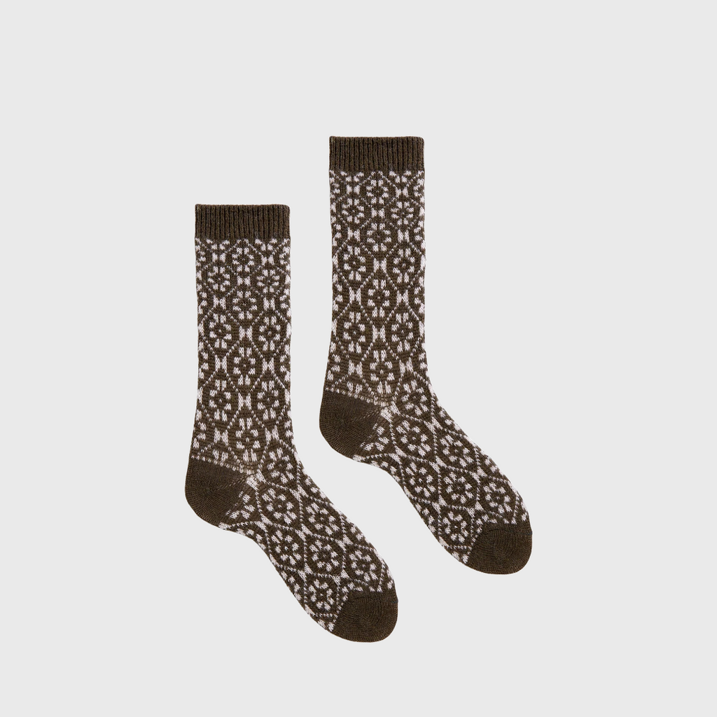 lisa b aster flower wool cahsmere crew socks inspired by vintage ski sweater pattern olive