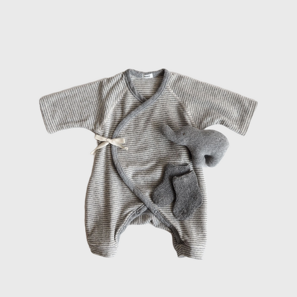makie baby onsie set soft grey kimono wrap onsie with pile socks and soft elephant rattle