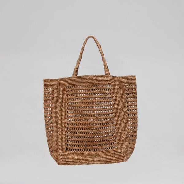 Maison N.H. anabelle vertical bag natural rafia woven fibers tan and black