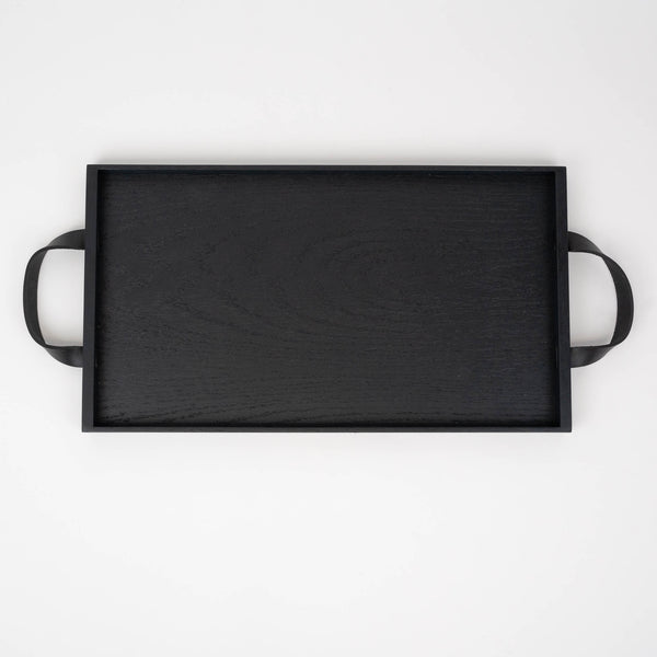 Norr tray black stained oak leather handle