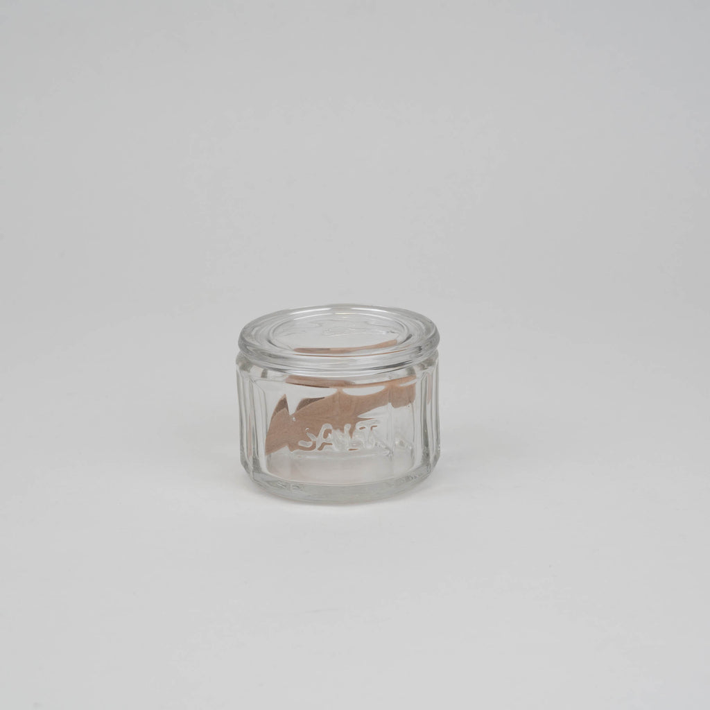 salt pot glass wooden scoop