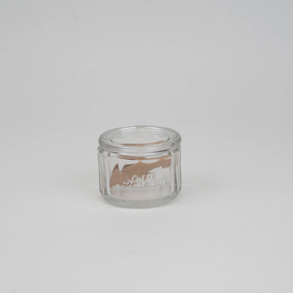 salt pot glass wooden scoop